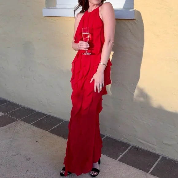 fitted lace wedding dress Red Satin Halter A-Line Prom Dress with Side Slit, V-Neckline, and Criss- Cross Back Detail